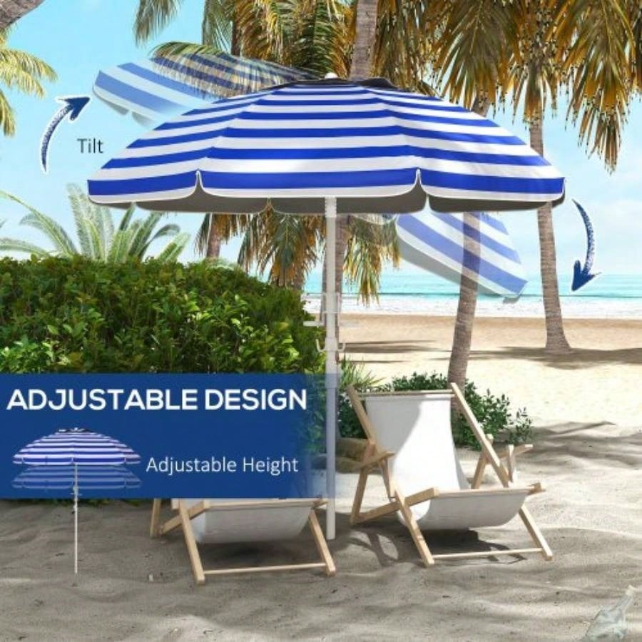 Outsunny 5. Portable Beach with Tilt, Adjustable Height, 2 Cup Holders Hooks, 40+ Ruffled Outdoor with Vented Canopy, Blue White Stripe