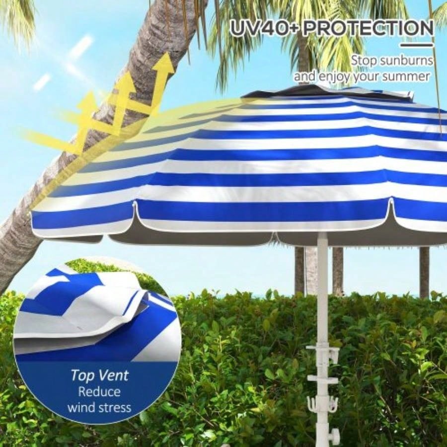 Outsunny 5. Portable Beach with Tilt, Adjustable Height, 2 Cup Holders Hooks, 40+ Ruffled Outdoor with Vented Canopy, Blue White Stripe