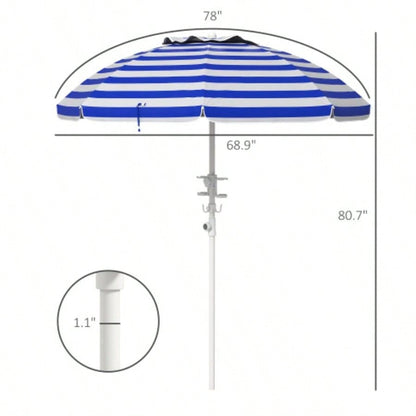 Outsunny 5. Portable Beach with Tilt, Adjustable Height, 2 Cup Holders Hooks, 40+ Ruffled Outdoor with Vented Canopy, Blue White Stripe