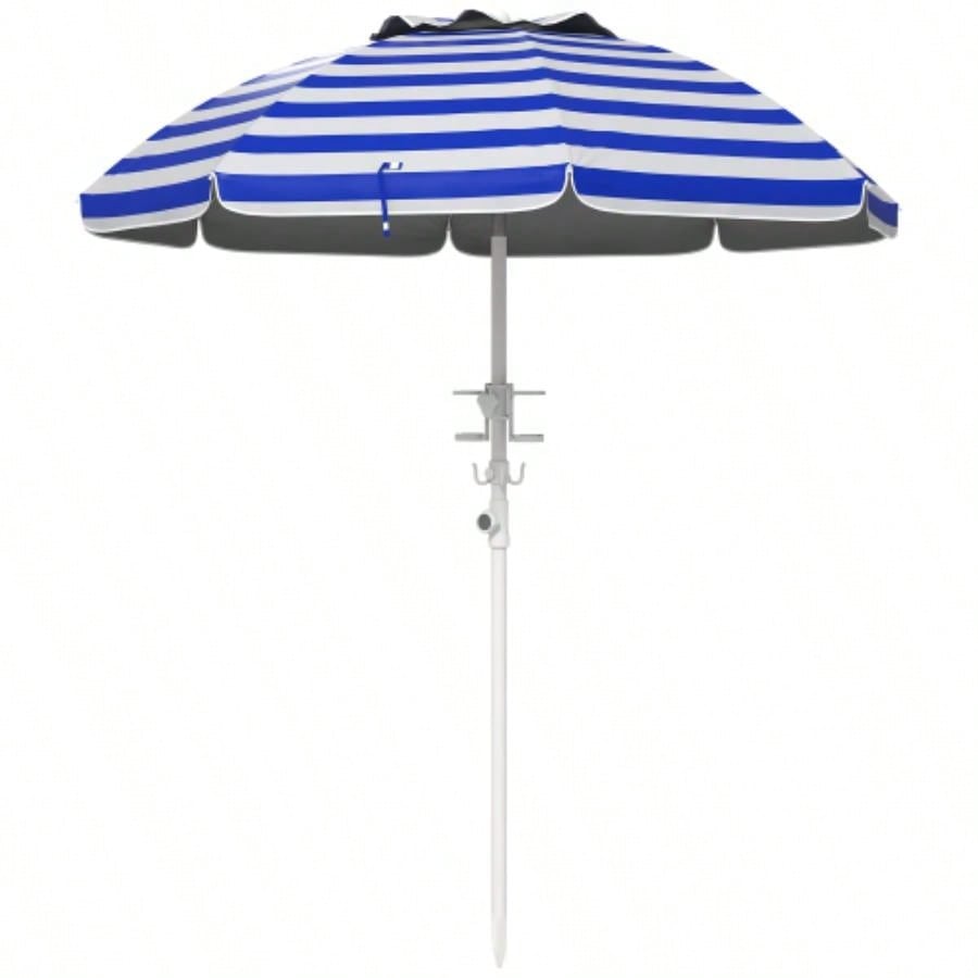 Outsunny 5. Portable Beach with Tilt, Adjustable Height, 2 Cup Holders Hooks, 40+ Ruffled Outdoor with Vented Canopy, Blue White Stripe