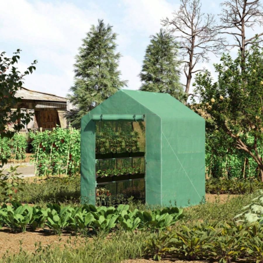 Outsunnyx 5x 6.5 Walk - in Greenhouse, PE Cover, 3 - Tier Shelves, Steel Frame Hot house, Roll - Up Zipper Door Flowers, Vegetables, Saplings, Tropical Plants, Green
