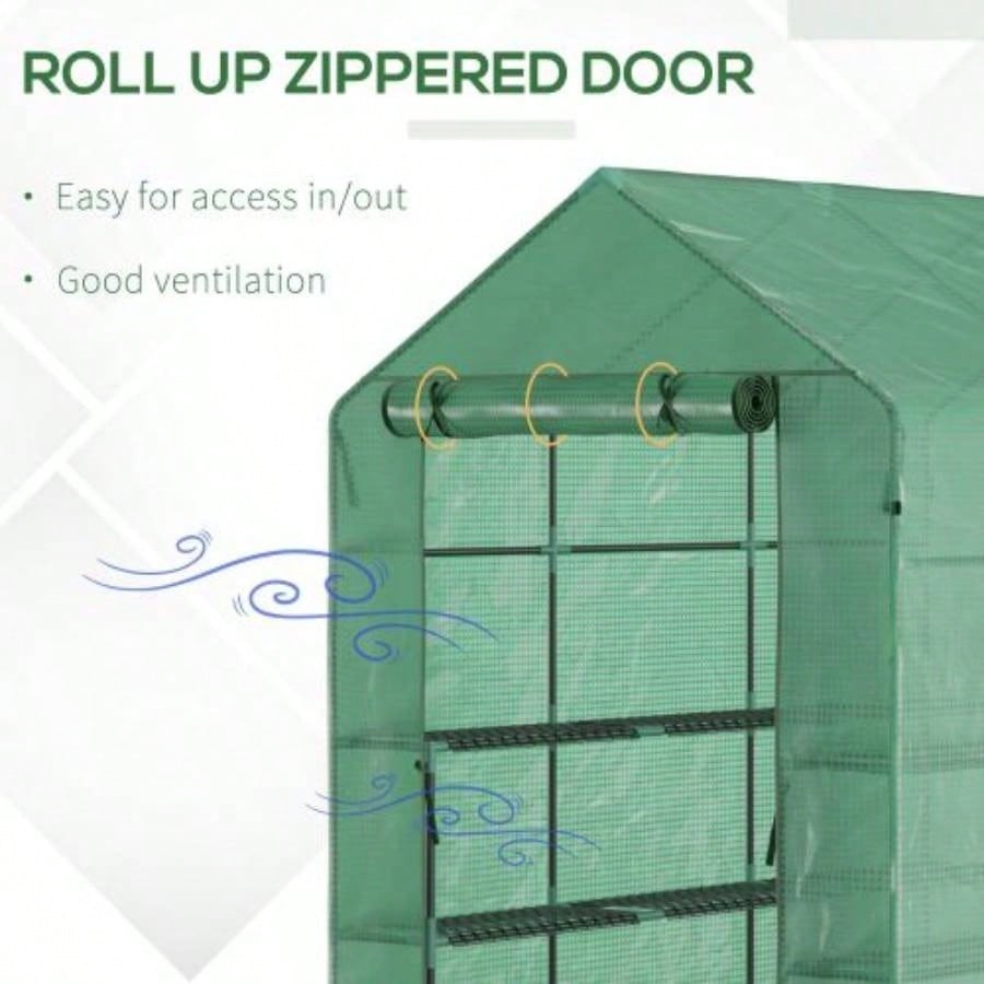 Outsunnyx 5x 6.5 Walk - in Greenhouse, PE Cover, 3 - Tier Shelves, Steel Frame Hot house, Roll - Up Zipper Door Flowers, Vegetables, Saplings, Tropical Plants, Green