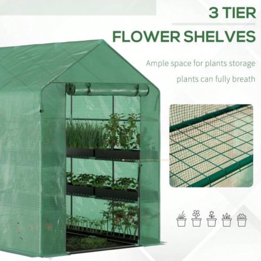 Outsunnyx 5x 6.5 Walk - in Greenhouse, PE Cover, 3 - Tier Shelves, Steel Frame Hot house, Roll - Up Zipper Door Flowers, Vegetables, Saplings, Tropical Plants, Green