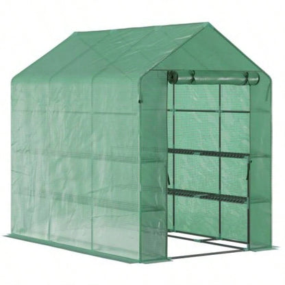 Outsunnyx 5x 6.5 Walk - in Greenhouse, PE Cover, 3 - Tier Shelves, Steel Frame Hot house, Roll - Up Zipper Door Flowers, Vegetables, Saplings, Tropical Plants, Green