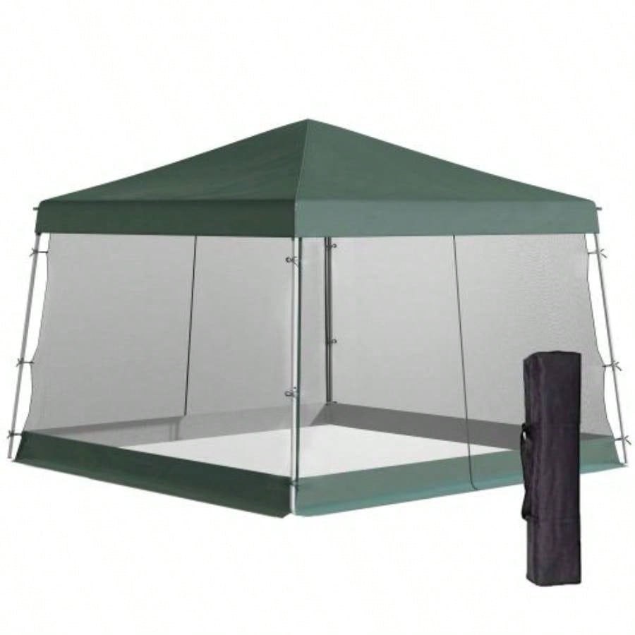Outsunny Slant Leg Up Canopy Tent with Netting and Carry Bag, Instant Shelter, Tents Parties, Height Adjustable, Outdoor, Garden, Patio, 11.5x11.5 Base/ 10x10 Top Green