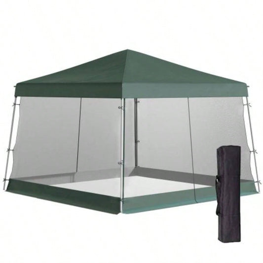 Outsunny Slant Leg Up Canopy Tent with Netting and Carry Bag, Instant Shelter, Tents Parties, Height Adjustable, Outdoor, Garden, Patio, 11.5x11.5 Base/ 10x10 Top Green