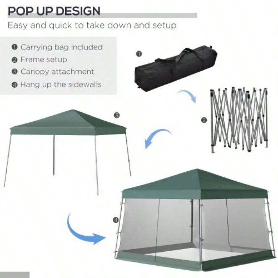 Outsunny Slant Leg Up Canopy Tent with Netting and Carry Bag, Instant Shelter, Tents Parties, Height Adjustable, Outdoor, Garden, Patio, 11.5x11.5 Base/ 10x10 Top Green