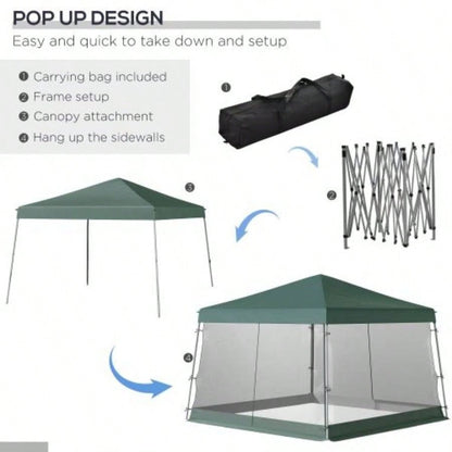 Outsunny Slant Leg Up Canopy Tent with Netting and Carry Bag, Instant Shelter, Tents Parties, Height Adjustable, Outdoor, Garden, Patio, 11.5x11.5 Base/ 10x10 Top Green