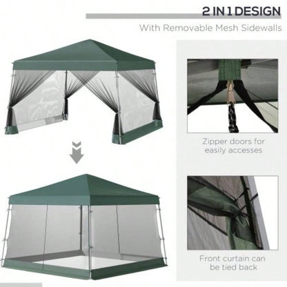 Outsunny Slant Leg Up Canopy Tent with Netting and Carry Bag, Instant Shelter, Tents Parties, Height Adjustable, Outdoor, Garden, Patio, 11.5x11.5 Base/ 10x10 Top Green