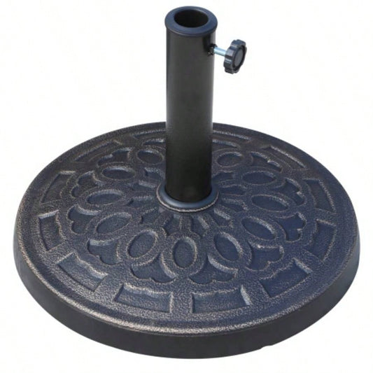 17 26 lbs Round Resin Base Stand Market Parasol Holder with Beautiful Decorative Pattern Easy Setup, 1.5 1.89 Pole, Lawn, Deck, Backyard, Garden, Bronze