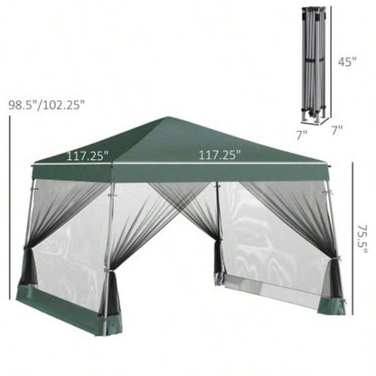 Outsunny Slant Leg Up Canopy Tent with Netting and Carry Bag, Instant Shelter, Tents Parties, Height Adjustable, Outdoor, Garden, Patio, 11.5x11.5 Base/ 10x10 Top Green
