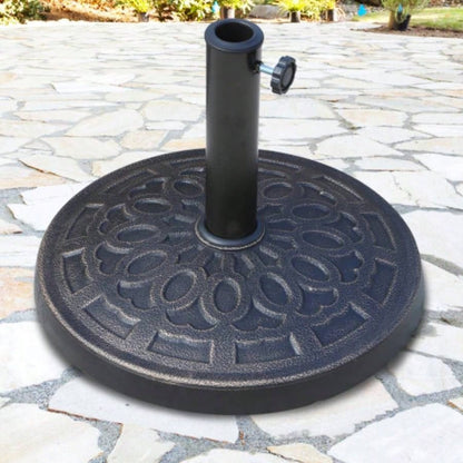 17 26 lbs Round Resin Base Stand Market Parasol Holder with Beautiful Decorative Pattern Easy Setup, 1.5 1.89 Pole, Lawn, Deck, Backyard, Garden, Bronze