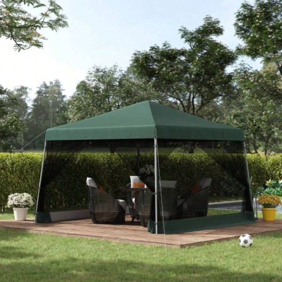 Outsunny Slant Leg Up Canopy Tent with Netting and Carry Bag, Instant Shelter, Tents Parties, Height Adjustable, Outdoor, Garden, Patio, 11.5x11.5 Base/ 10x10 Top Green