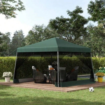 Outsunny Slant Leg Up Canopy Tent with Netting and Carry Bag, Instant Shelter, Tents Parties, Height Adjustable, Outdoor, Garden, Patio, 11.5x11.5 Base/ 10x10 Top Green