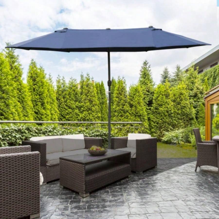 Outsunny Patio 15 Steel Rectangular Outdoor Double Sided Market with base, Easy Crank Deck Pool Patio, Dark Blue