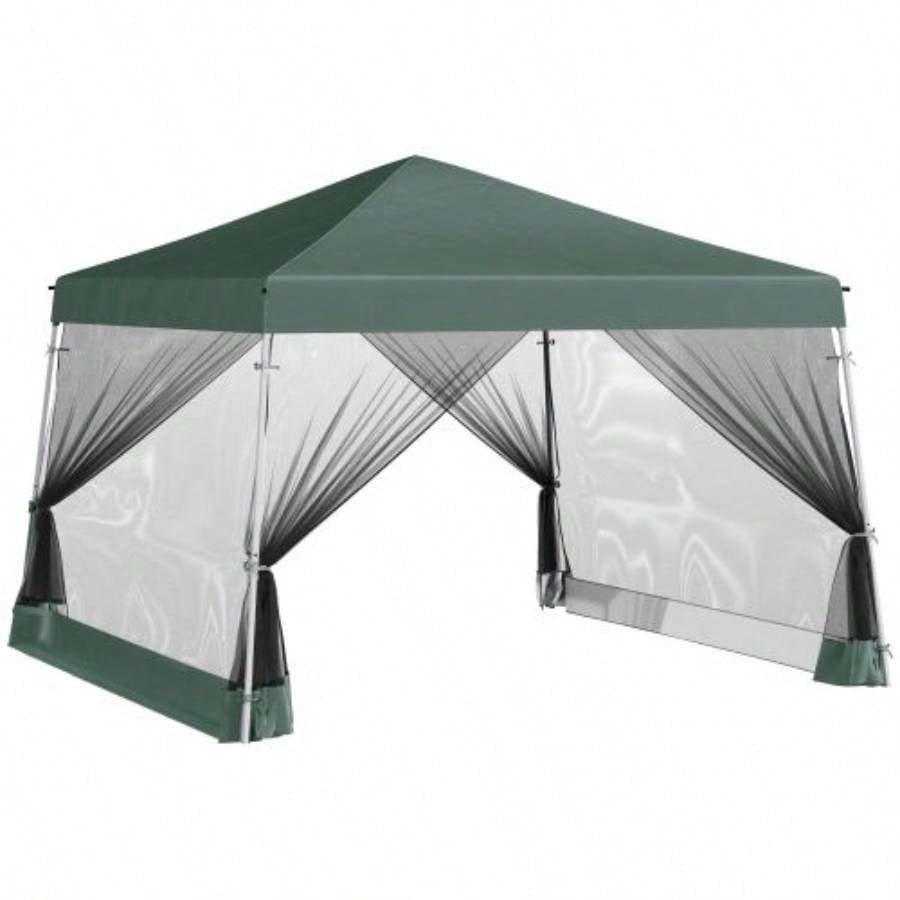 Outsunny Slant Leg Up Canopy Tent with Netting and Carry Bag, Instant Shelter, Tents Parties, Height Adjustable, Outdoor, Garden, Patio, 11.5x11.5 Base/ 10x10 Top Green