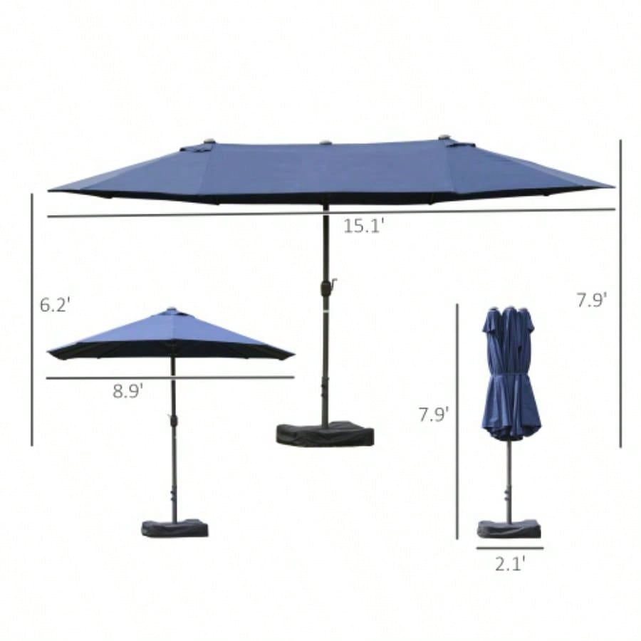 Outsunny Patio 15 Steel Rectangular Outdoor Double Sided Market with base, Easy Crank Deck Pool Patio, Dark Blue