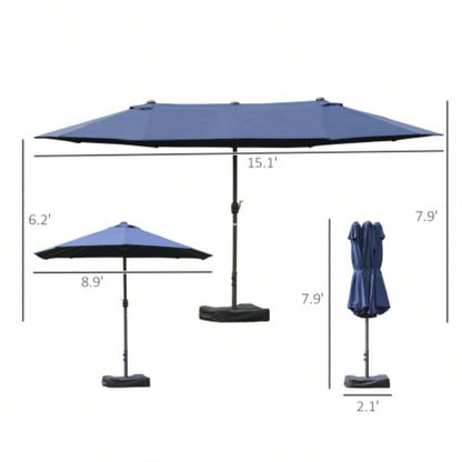Outsunny Patio 15 Steel Rectangular Outdoor Double Sided Market with base, Easy Crank Deck Pool Patio, Dark Blue