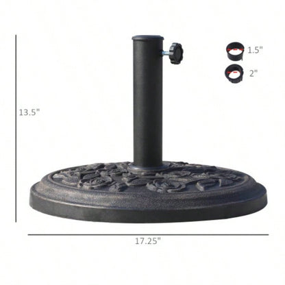17 26 lbs Round Resin Base Stand Market Parasol Holder with Beautiful Decorative Pattern Easy Setup, 1.5 1.89 Pole, Lawn, Deck, Backyard, Garden, Bronze