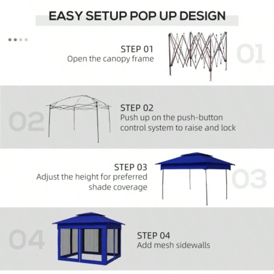 Outsunny 11x 11 Up Canopy, Outdoor Patio Gazebo Shelter with Removable Zipper Netting, Instant Event Tent/ 114 Square Feet of Shade and Carry Bag Backyard, Garden, Blue