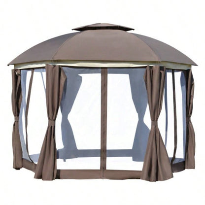Outsunny 12x 12 Round Outdoor Gazebo, Patio Dome Gazebo Canopy Shelter with Double Roof, Netting Sidewalls and Curtains, Zippered Doors, Strong Steel Frame, Brown