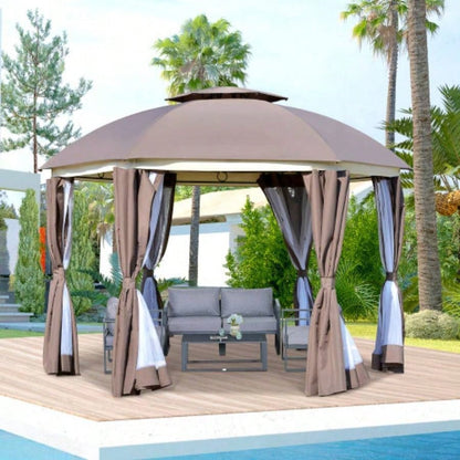 Outsunny 12x 12 Round Outdoor Gazebo, Patio Dome Gazebo Canopy Shelter with Double Roof, Netting Sidewalls and Curtains, Zippered Doors, Strong Steel Frame, Brown