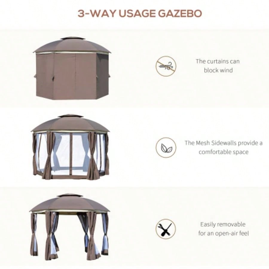 Outsunny 12x 12 Round Outdoor Gazebo, Patio Dome Gazebo Canopy Shelter with Double Roof, Netting Sidewalls and Curtains, Zippered Doors, Strong Steel Frame, Brown