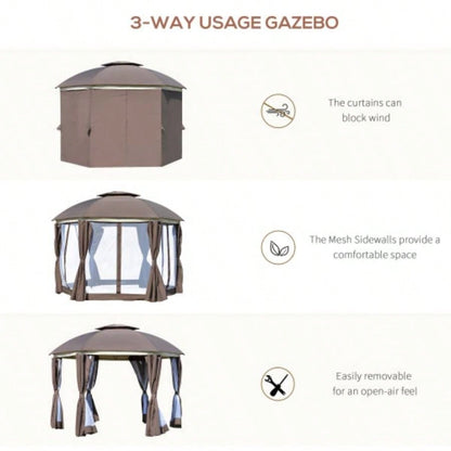 Outsunny 12x 12 Round Outdoor Gazebo, Patio Dome Gazebo Canopy Shelter with Double Roof, Netting Sidewalls and Curtains, Zippered Doors, Strong Steel Frame, Brown