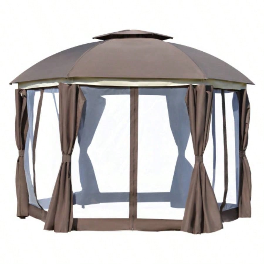 Outsunny 12x 12 Round Outdoor Gazebo, Patio Dome Gazebo Canopy Shelter with Double Roof, Netting Sidewalls and Curtains, Zippered Doors, Strong Steel Frame, Brown
