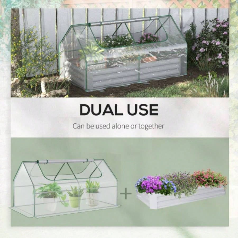 Outsunny 6x 3 Galvanized Raised Garden Bed with PVC Greenhouse Cover, Outdoor Metal Planter Box with 2 Roll - Up Growing Flowers, Fruits, Vegetables and Herbs, Light Gray