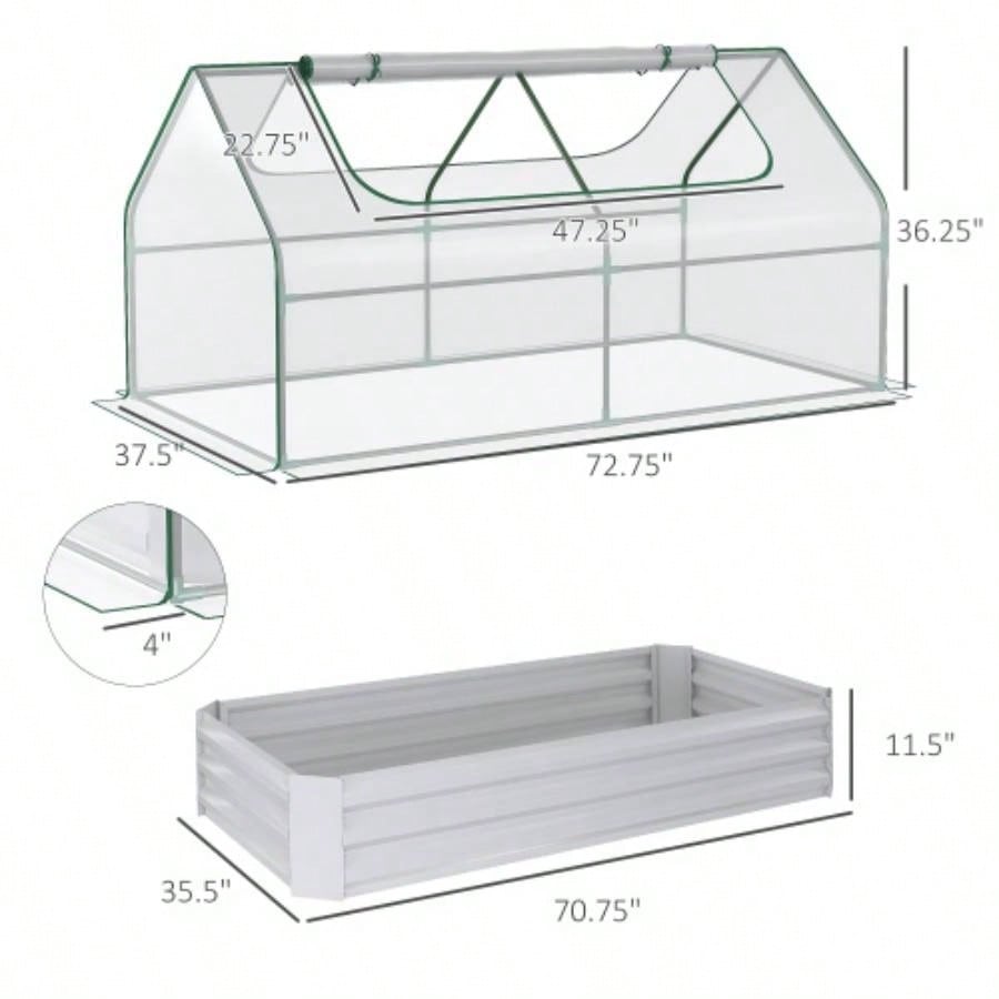 Outsunny 6x 3 Galvanized Raised Garden Bed with PVC Greenhouse Cover, Outdoor Metal Planter Box with 2 Roll - Up Growing Flowers, Fruits, Vegetables and Herbs, Light Gray