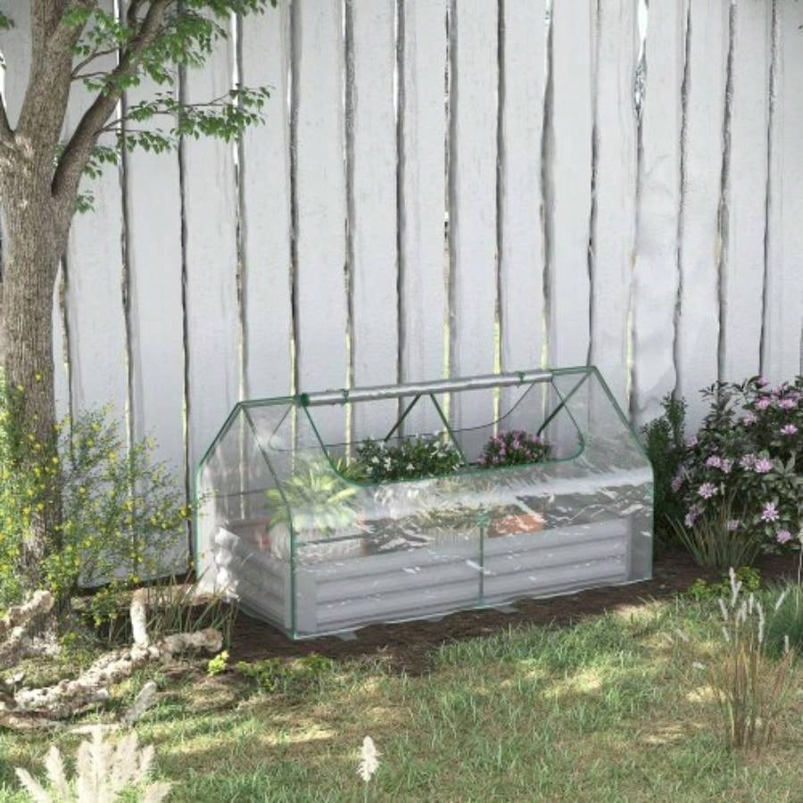 Outsunny 6x 3 Galvanized Raised Garden Bed with PVC Greenhouse Cover, Outdoor Metal Planter Box with 2 Roll - Up Growing Flowers, Fruits, Vegetables and Herbs, Light Gray
