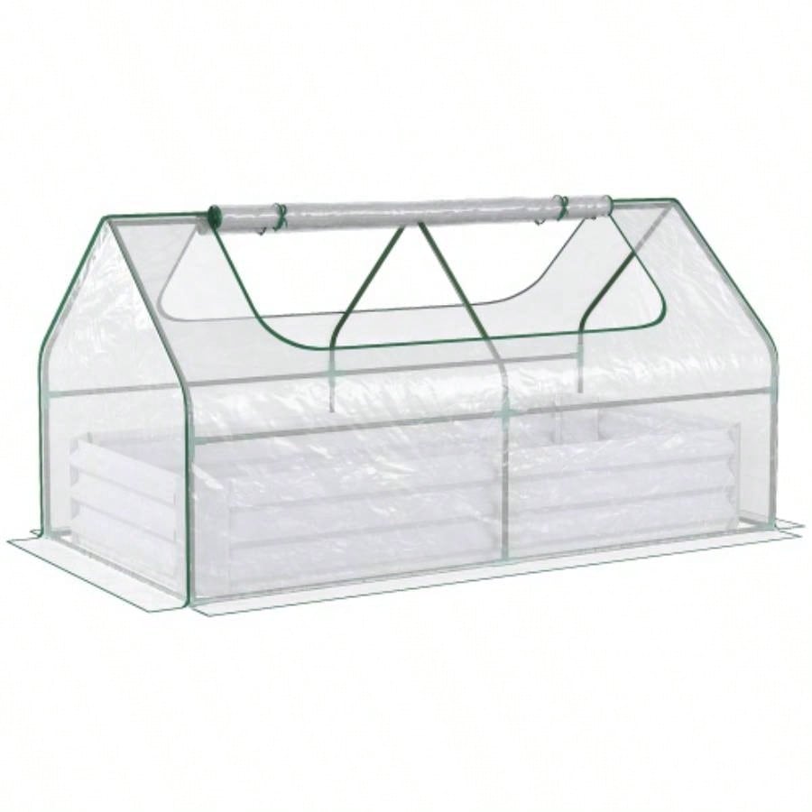 Outsunny 6x 3 Galvanized Raised Garden Bed with PVC Greenhouse Cover, Outdoor Metal Planter Box with 2 Roll - Up Growing Flowers, Fruits, Vegetables and Herbs, Light Gray