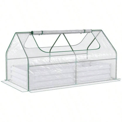 Outsunny 6x 3 Galvanized Raised Garden Bed with PVC Greenhouse Cover, Outdoor Metal Planter Box with 2 Roll - Up Growing Flowers, Fruits, Vegetables and Herbs, Light Gray