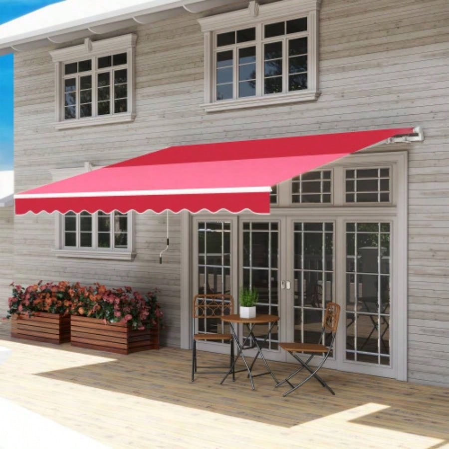 Outsunny 12x 10 Retractable Awning Patio Awnings Shade Shelter with Manual Crank Handle, 280g/ - Resistant Fabric and Aluminum Frame Deck, Balcony, Yard, Wine Red