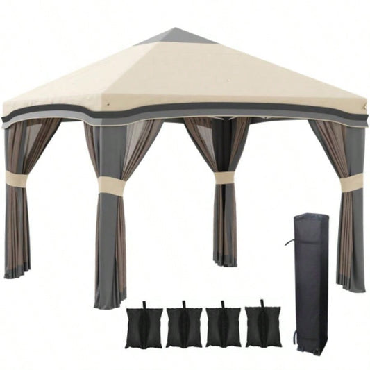 Outsunny 10x 10 Up Canopy Tent with Netting, Instant Tents Parties, Height Adjustable, with Wheeled Carry Bag and 4 Sand Bags Outdoor, Garden, Patio, Beige