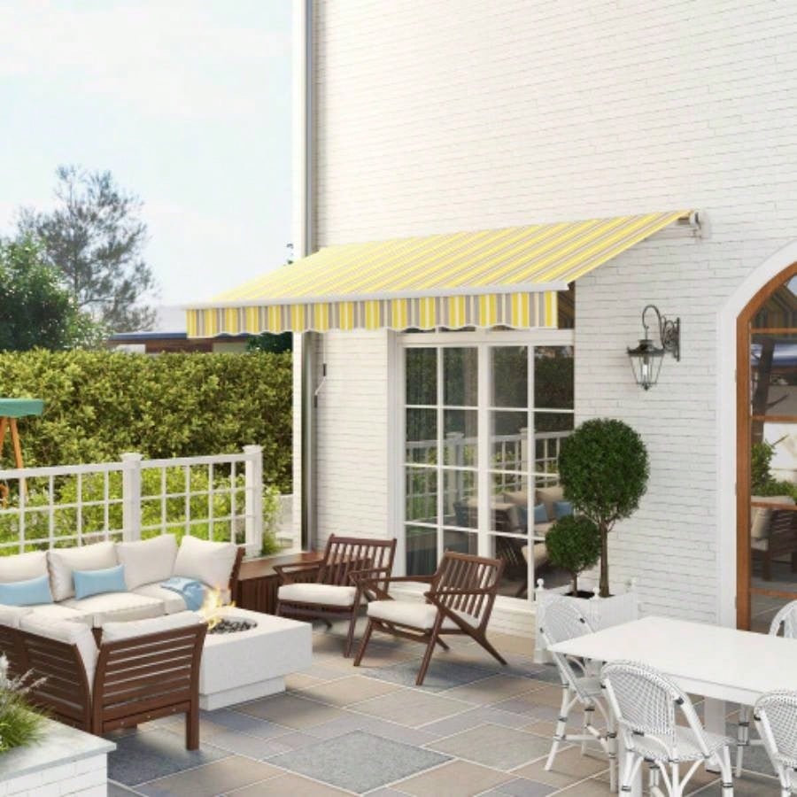 Outsunny 12x 10 Retractable Awning Patio Awnings Shade Shelter with Manual Crank Handle, 280g/ - Resistant Fabric and Aluminum Frame Deck, Balcony, Yard, Yellow and Gray