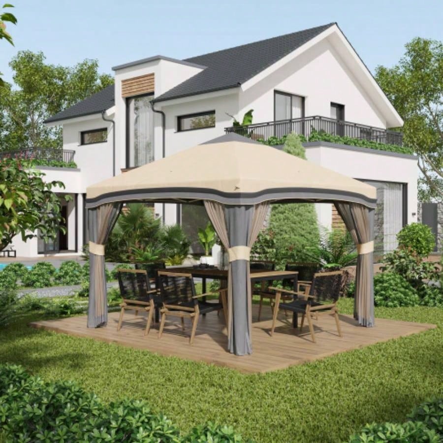 Outsunny 10x 10 Up Canopy Tent with Netting, Instant Tents Parties, Height Adjustable, with Wheeled Carry Bag and 4 Sand Bags Outdoor, Garden, Patio, Beige