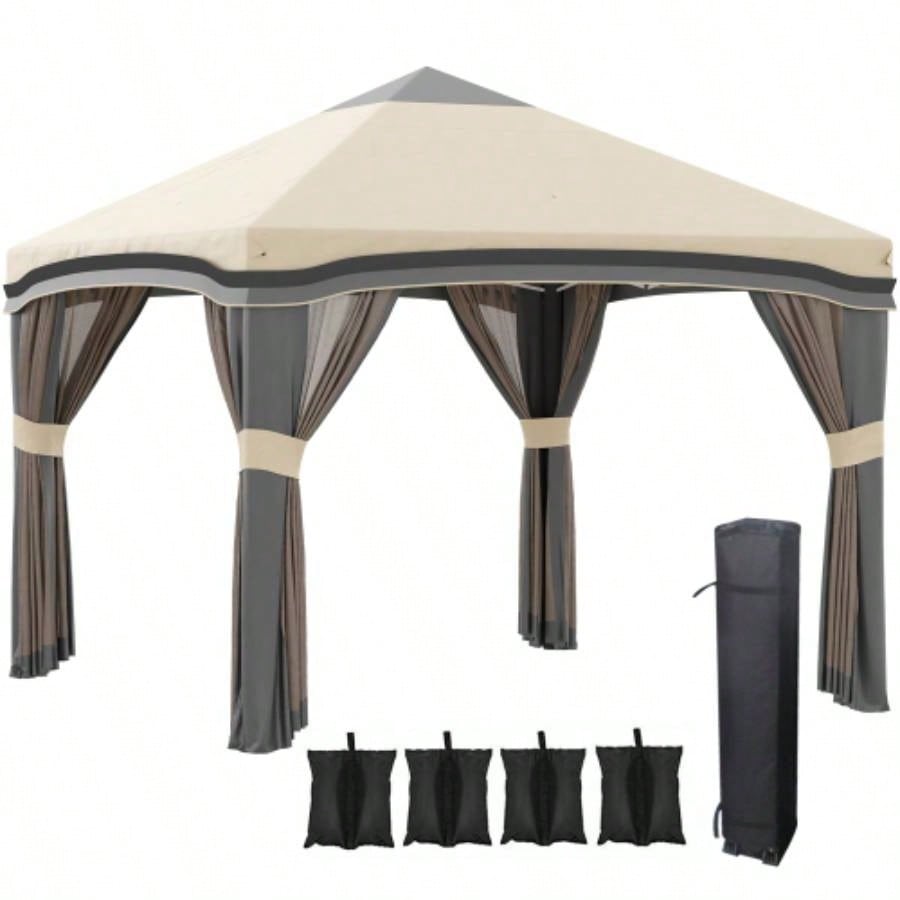 Outsunny 10x 10 Up Canopy Tent with Netting, Instant Tents Parties, Height Adjustable, with Wheeled Carry Bag and 4 Sand Bags Outdoor, Garden, Patio, Beige