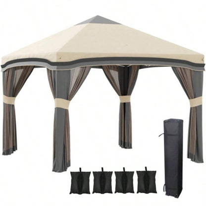 Outsunny 10x 10 Up Canopy Tent with Netting, Instant Tents Parties, Height Adjustable, with Wheeled Carry Bag and 4 Sand Bags Outdoor, Garden, Patio, Beige