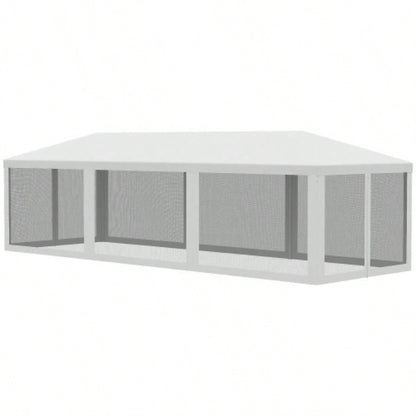 Outsunny 10x 28 Party Tent Canopy, Outdoor Event Shelter Gazebo with 8 Removable Mesh Sidewalls, Zipper Doors, Steel Frame, White