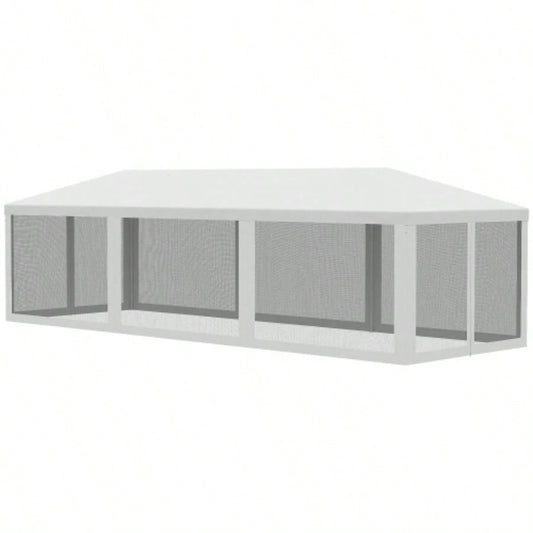 Outsunny 10x 28 Party Tent Canopy, Outdoor Event Shelter Gazebo with 8 Removable Mesh Sidewalls, Zipper Doors, Steel Frame, White
