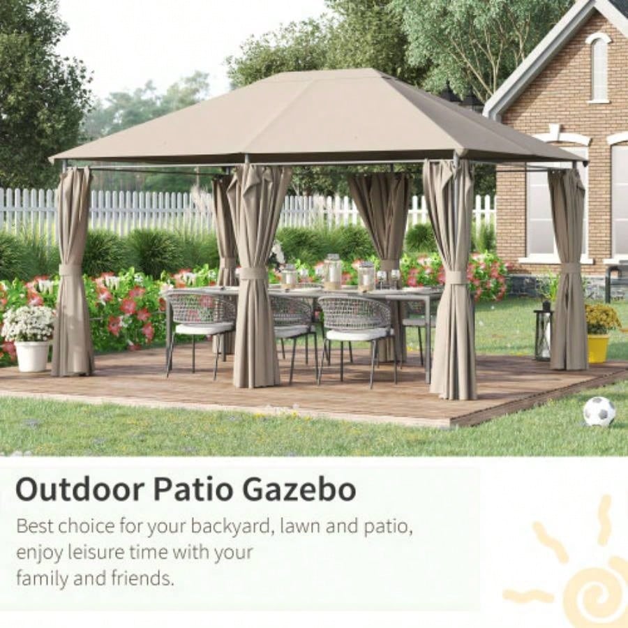 Outsunny 10x 13 Outdoor Patio Gazebo Canopy Shelter with 6 Removable Sidewalls, Steel Frame Garden, Lawn, Backyard and Deck, Khaki