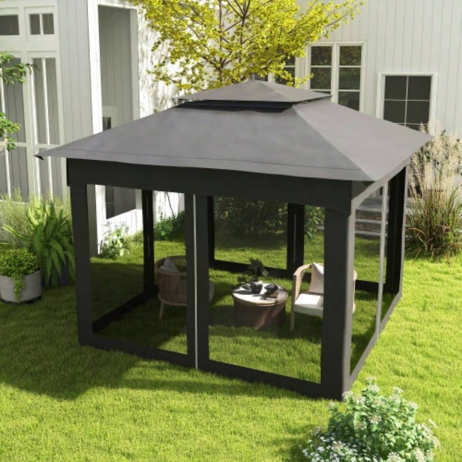 Outsunny 11x 11 Up Canopy, Outdoor Patio Gazebo Shelter with Removable Zipper Netting, Instant Event Tent/ 114 Square Feet of Shade and Carry Bag Backyard, Garden, Dark Gray