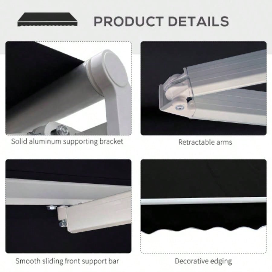 Outsunny 8x Patio Retractable Awning, Manual Exterior Shade Deck Window Cover, Black