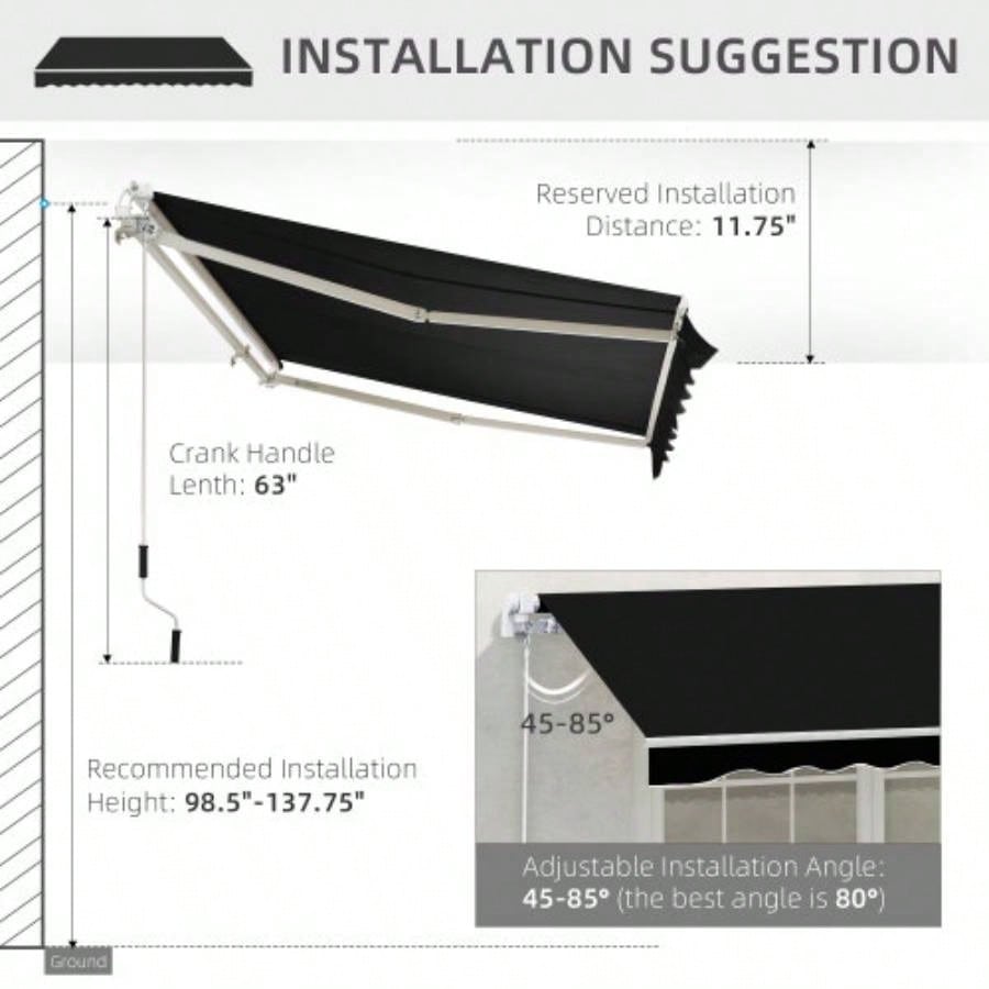 Outsunny 8x Patio Retractable Awning, Manual Exterior Shade Deck Window Cover, Black