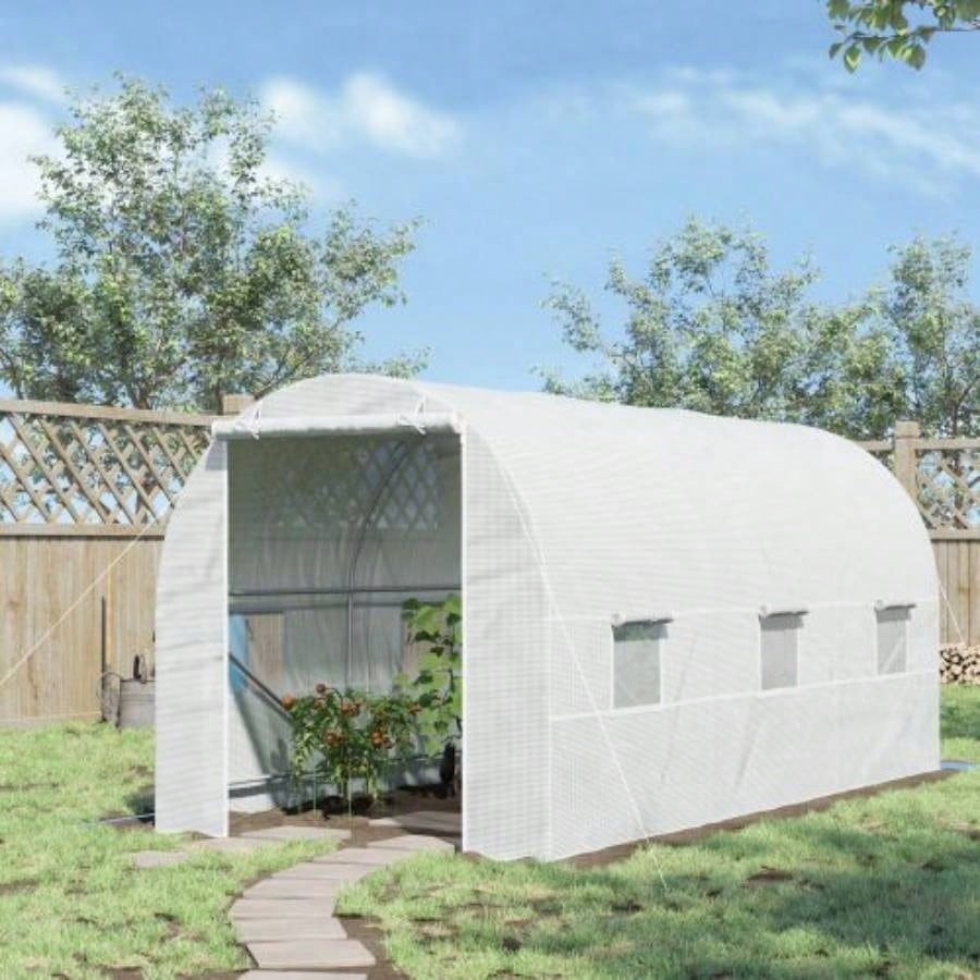 Outsunny 15xx Walk - In Tunnel Greenhouse, Large Garden Hot House Kit with 6 Roll - up Roll Up Door, Steel Frame, White