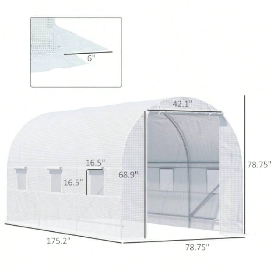 Outsunny 15xx Walk - In Tunnel Greenhouse, Large Garden Hot House Kit with 6 Roll - up Roll Up Door, Steel Frame, White