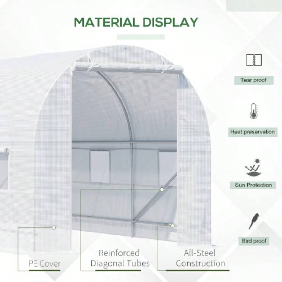 Outsunny 15xx Walk - In Tunnel Greenhouse, Large Garden Hot House Kit with 6 Roll - up Roll Up Door, Steel Frame, White