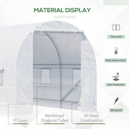 Outsunny 15xx Walk - In Tunnel Greenhouse, Large Garden Hot House Kit with 6 Roll - up Roll Up Door, Steel Frame, White